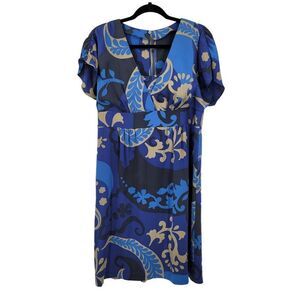 Boden Silk Empire Tea Length Dress 10L Blue Paisley Print‎ Short Sleeve Surplice